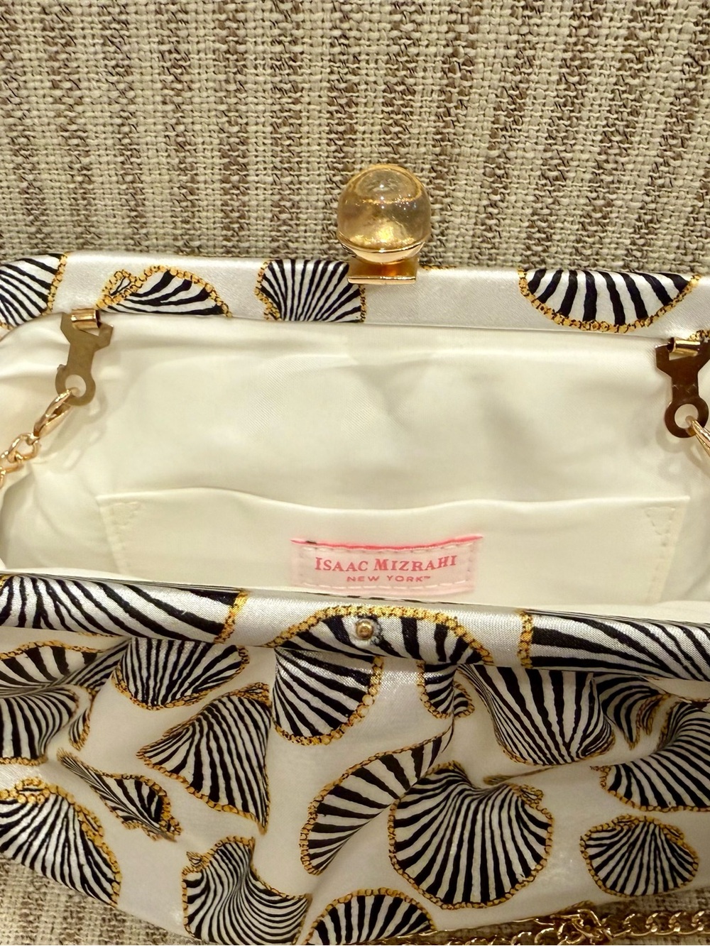 Elegant White Shell-Print Satin Clutch by ISAAC MIZRAHI #elegant #vacation - Picture 3 of 3